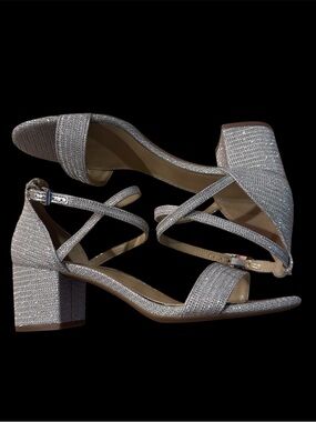 Michael Kors Sophie Flex mid Light Silver Block Heel Sandals 6.5 Prom Wedding